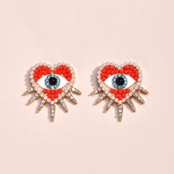 NEW Faux Pearl and Rhinestone Heart BRIGHT RED Eye 🧿 earrings for GOOD 🍀 - Picture 2 of 3